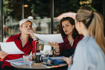 Three young business associates gathered outdoors at a cafe, engaged in an intense discussion while reviewing documents.