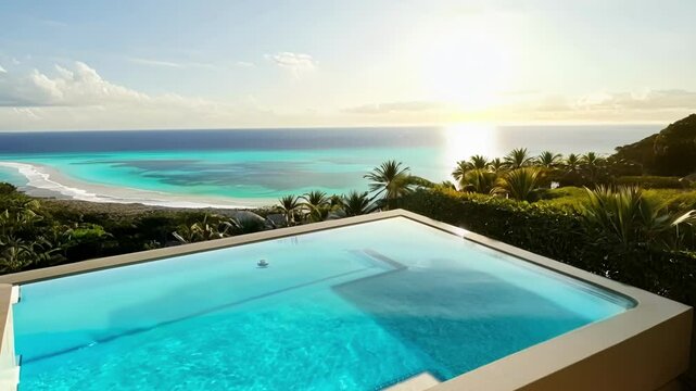 A luxurious ocean bluff home with a sleek infinity pool that seemingly blends into the cerulean sea beyond.