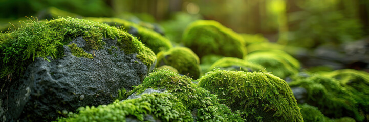 Moss-Covered Rocks in a Sunlit Forest
