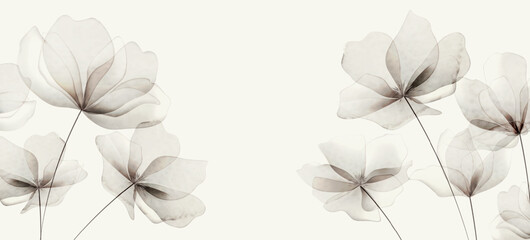 Botanical floral art background with transparent flowers in watercolor style. Vector plant banner for cover, print, poster, wallpaper, interior design, textile, packaging.