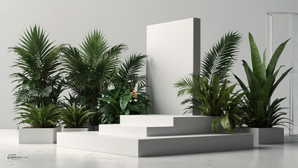 Fototapeta premium White geometric podium with various tropical plants.