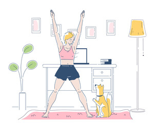 Woman with home yoga. Young girl stretches in apartment. Active lifestyle and sports. Fitness and workout. Relaxation and wellbeing. Linear vector illustration isolated on white background