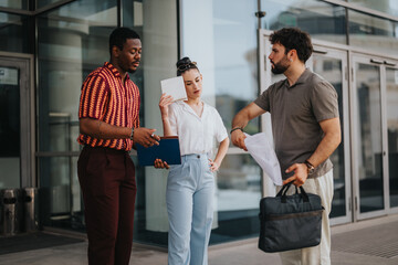 Three business people collaborating and discussing project documents while standing in an urban city setting. Teamwork and communication concept.