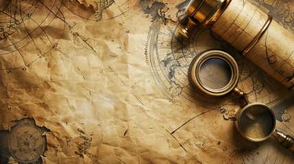 An antique map with navigational tools like a telescope and magnifying glass on a rustic surface, symbolizing exploration, adventure, and historical discoveries.