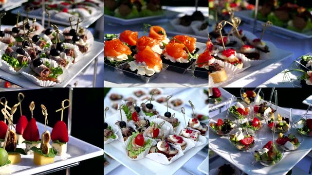 buffet for the holiday. beautifully decorated banquet table with appetizers canapes. collage,multiscreen.