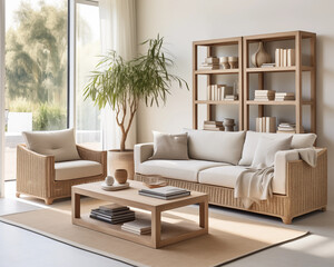 Modern Living Room Interior Design with Wicker Sofa Coffee Table and Bookshelves