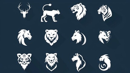 Fototapeta premium Black and white illustrations of various animal heads, including lions and tigers, captured in a bold and striking style that emphasizes their majestic features.
