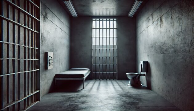 Stark and Foreboding Prison Cell Interior with Bars on Window, Metal Bed, Toilet, and Graffiti on Walls - Harsh Lighting and Shadows - Powered by Adobe