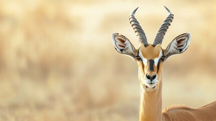 An antelope stares directly into the camera against a blurred backdrop, giving an intimate and captivating look into the eyes of this wild, graceful creature.