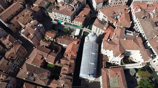 Marble-clad church of Santa Maria dei Miracoli, in the Sestiere Cannaregio, drone shot, Venice, Veneto, Italy, Europe