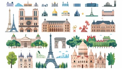 Obraz premium A colorful illustrated compilation showcasing various Parisian landmarks and iconic architecture including the Eiffel Tower, Notre Dame, and Sacré-Cœur amidst a vibrant cityscape.