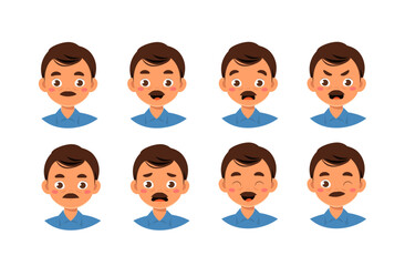 Police officer heads set. Man with moustache in uniform. Pack of characters with various feelings. Design elements for creating animations. Sheriff and officer. Flat vector collection