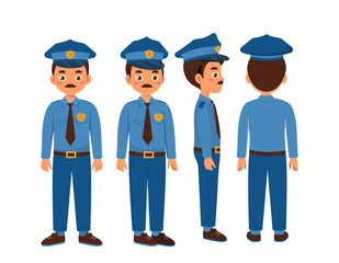 Police officer set. Sheriff with badge in uniform. Pack of characters in different viewing angles. Design elements for creating animations. Protection and safety. Flat vector collection