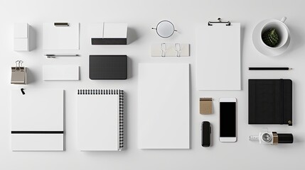lineup minimalist stationery items neatly arranged sleek surface embodies concept organized creativity