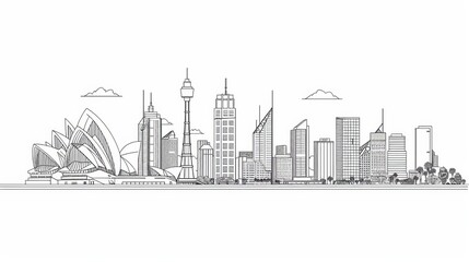 A carefully detailed sketch of Sydney's landmarks and skyline, featuring the iconic Sydney Opera House, surrounded by modern high-rise buildings against a serene sky.