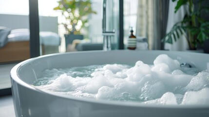 Foamy water fills a white tub in a chic loft-style apartment. Spa relaxation.