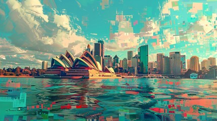 A creative interpretation of the Sydney Opera House and city skyline with digital glitch-like artistic effects, providing a modern and futuristic visual experience.