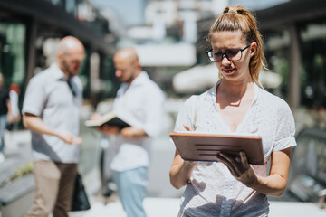 Young professional woman using a tablet in an urban city setting with colleagues discussing work in the background.