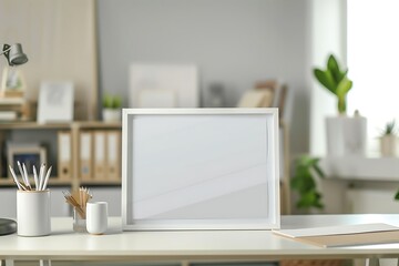 Empty White Frame on Desk with Blurred Background