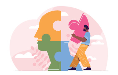 Psychologists with puzzles. Man with colorful parts collects head silhouette. Mental health, psychological help and support. Mindfulness and awareness. Flat vector illustration
