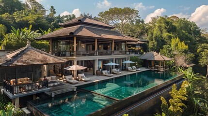 Obraz premium A luxurious resort with an expansive swimming pool nestled in lush nature, offering an idyllic getaway that combines modern comfort with natural tranquility and beauty.