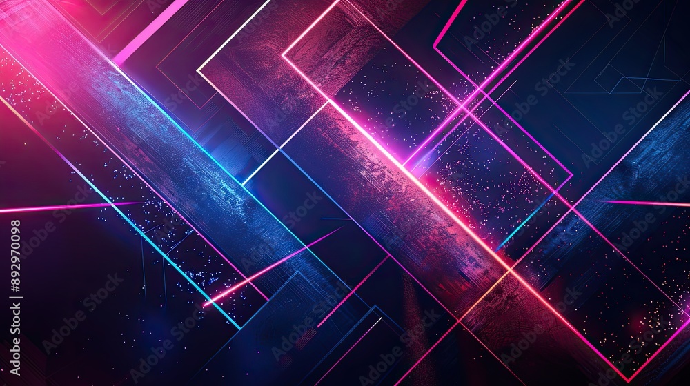 Poster geometric shapes illuminated with neon colors on a dark abstract light background, suitable for tech