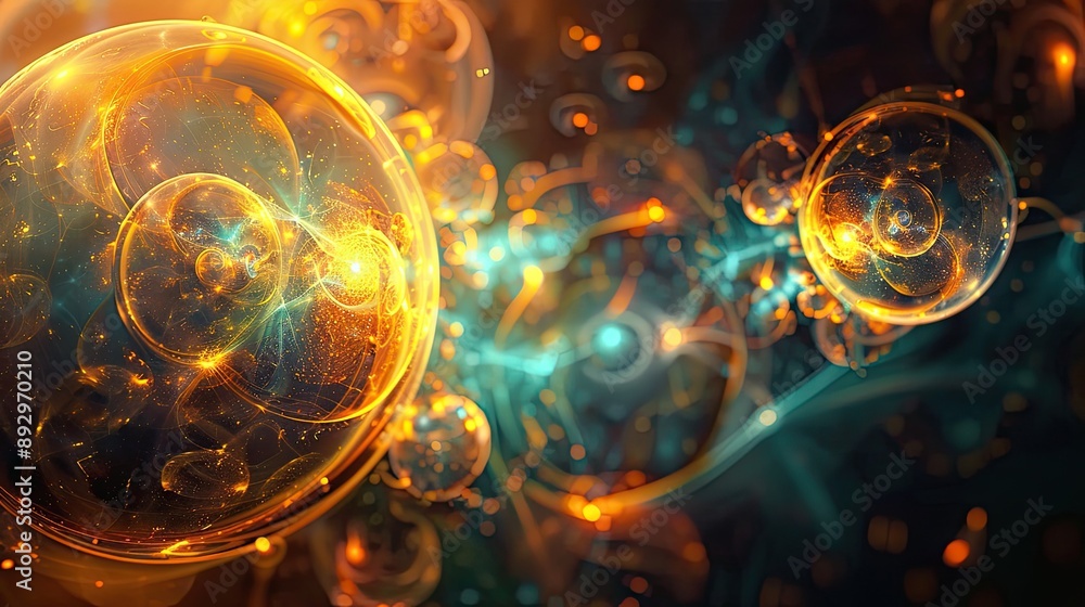 Poster glowing orbs of light against a dark abstract background, creating a mystical and futuristic atmosph