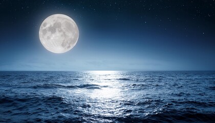 Fototapeta premium full moon rising over empty ocean at night with copy space