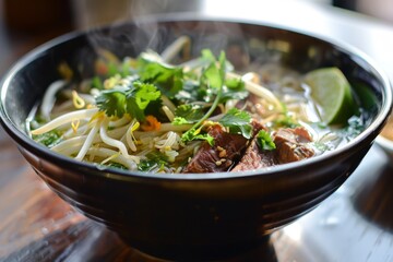 Vibrant and savory close-up of steaming hot noodle soup featuring thin rice noodles, tender beef slices, crisp bean sprouts, fresh herbs, and a lime wedge