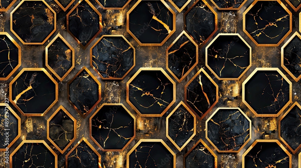 Poster intricate abstract design featuring golden hexagons and octagons in a seamless geometric pattern, pe