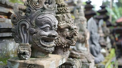 Traditional stone sculptures with expressive faces and intricate designs, illustrating cultural heritage and artistry, embodying historical and artistic elements in a captivating way.