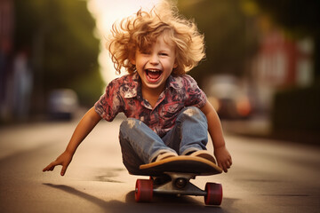 Six year-old Caucasian boy with long wavy hair, riding a skateboard, having fun as a child