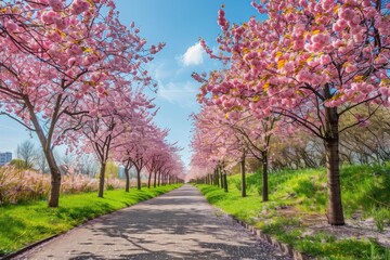 Urban park pathway lined with cherry blossom trees in full bloom, creating a stunning display of pink petals against a blue sky 
