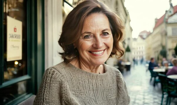 Close-up portrait video of a grinning woman in her 40s that is wearing a chic cardigan against a parisian or european cafe background