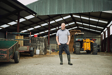 Agriculture, tractor and portrait of man in barn with equipment for farming, harvest and production. Farm, countryside and farmer with machine in shed, factory and storage with plow truck for fields © Penn/peopleimages.com