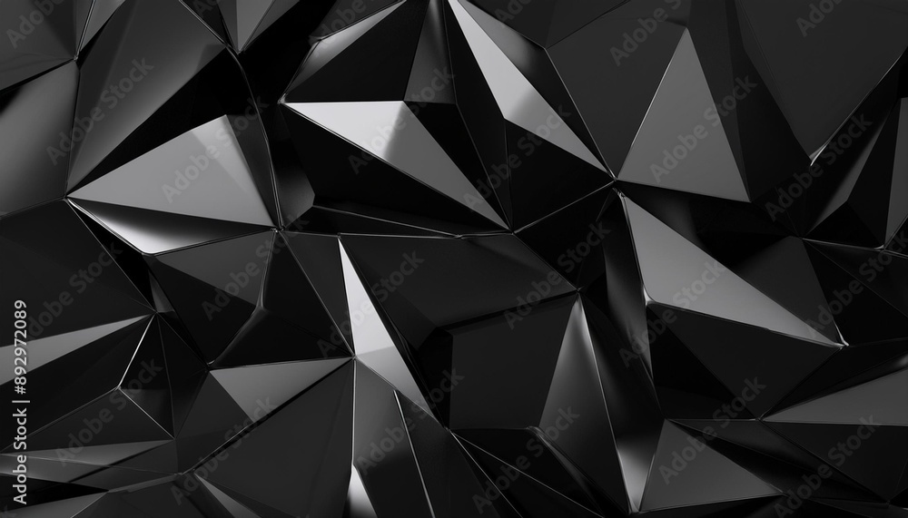 Wall mural 3d render abstract black crystal background faceted texture macro panorama wide panoramic polygonal 