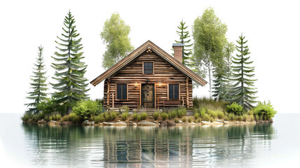 Log cabin by the lake in the woods, water reflections in fall, secluded lake house getaway, isolated transparent background