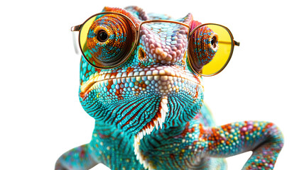 Colorful chameleon lizard with sunglasses isolated on transparent background, png file, fun exotic pet, creative colors concept