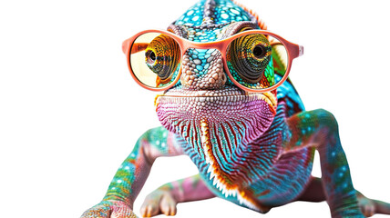 Colorful chameleon lizard with sunglasses isolated on transparent background, png file, fun exotic pet, creative colors concept
