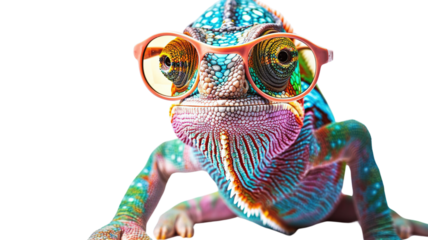 Colorful chameleon lizard with sunglasses isolated on transparent background, png file, fun exotic pet, creative colors concept