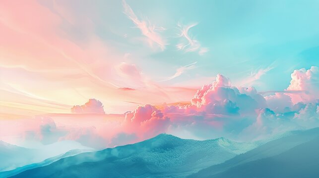 An enchanting scene capturing dream-like clouds bathed in the soft pastel colors of the sunset, creating a mesmerizing sky over rolling mountains, evoking calmness and imagination.