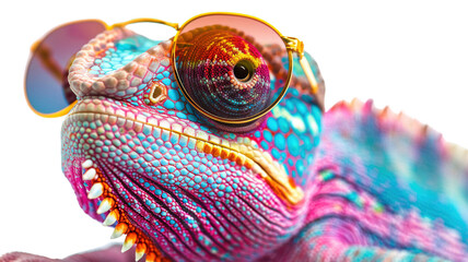 Colorful chameleon lizard with sunglasses isolated on transparent background, png file, fun exotic pet, creative colors concept