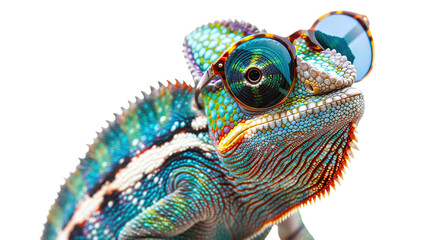 Colorful chameleon lizard with sunglasses isolated on transparent background, png file, fun exotic pet, creative colors concept