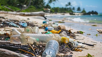 Obraz premium oncebeautiful beach now litters with plastic waste calling attention environmental neglect