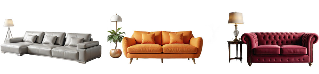 gray, orange, red sofa realistic on transparent backgrounds