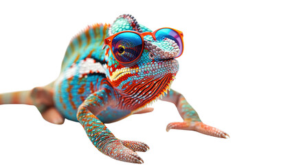 Colorful chameleon lizard with sunglasses isolated on transparent background, png file, fun exotic pet, creative colors concept