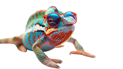 Colorful chameleon lizard with sunglasses isolated on transparent background, png file, fun exotic pet, creative colors concept