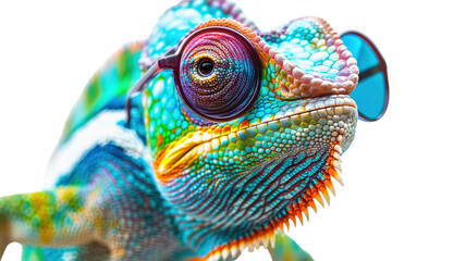 Colorful chameleon lizard with sunglasses isolated on transparent background, png file, fun exotic pet, creative colors concept