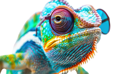 Colorful chameleon lizard with sunglasses isolated on transparent background, png file, fun exotic pet, creative colors concept