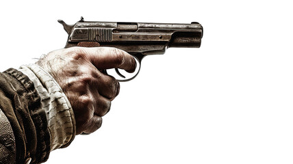 Close up of a man hand shooting vintage pistol, side view isolated on transparent background, png
